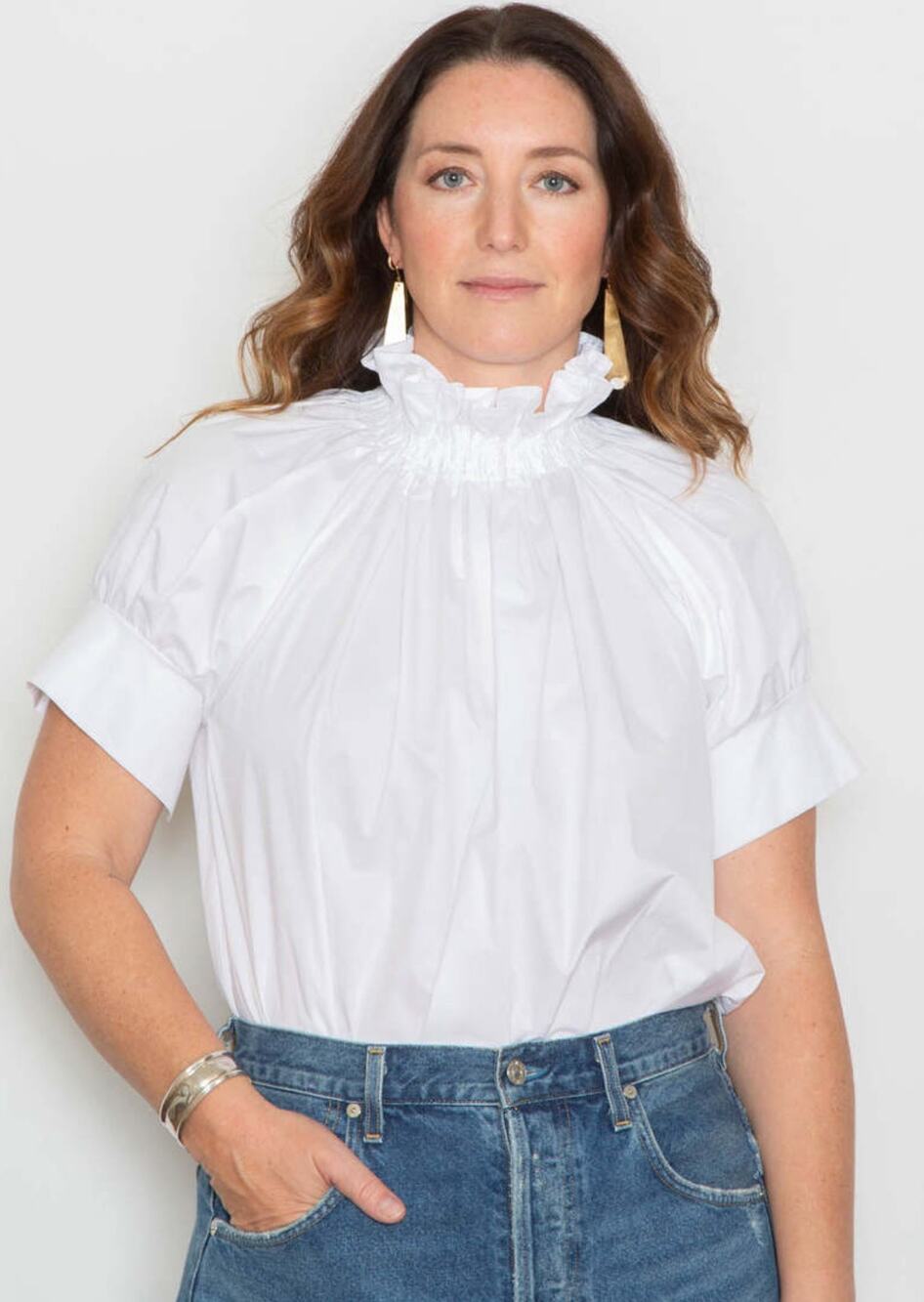 Monica Nera Franka Blouse Top Womens XS White Cotton Poplin Smocked High Neck